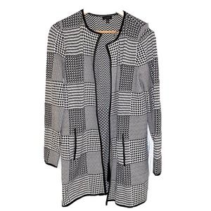 Talbots M Open BLACK WHITE Medium Long Knit Cardigan Jacket Jacquard